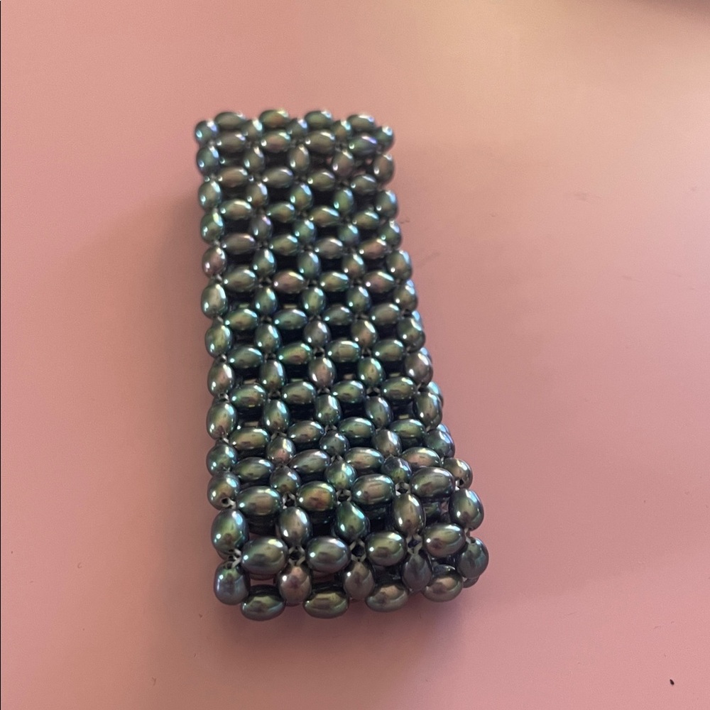 Honora gray black goth peacock cultured pearl wide flexible bracelet QVC - Picture 4 of 4